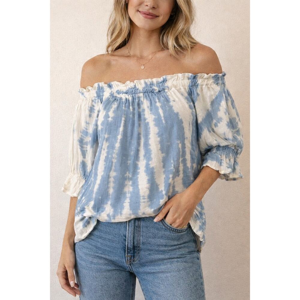 Style Envy Off Shoulder Tie Dye Top Blue White Boho Beach Blouse Size S